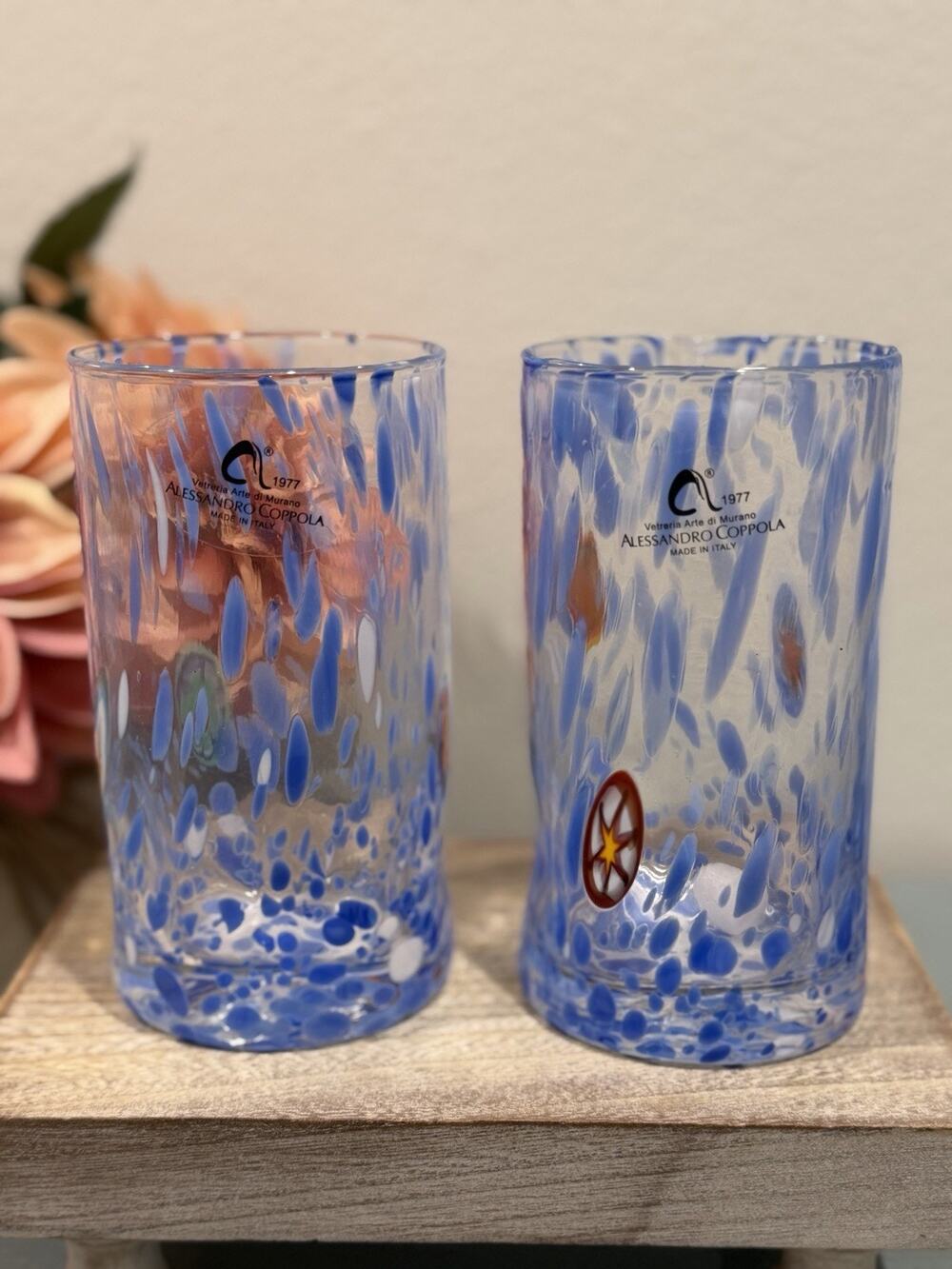 MURANO Alessandro Coppola Glass Hand Made Indented Powder Blue 10oz. Set of 2